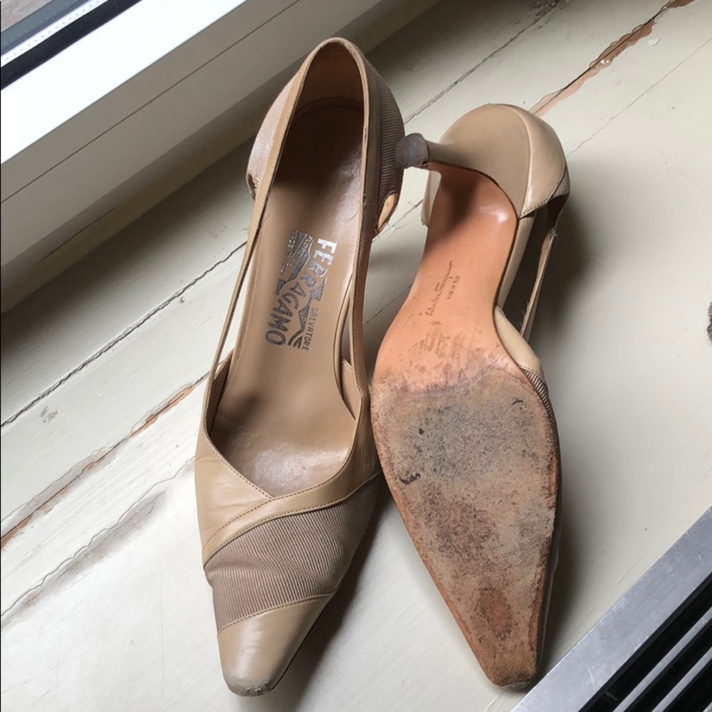 Leather Ferragamo pump heels with cut out detail.